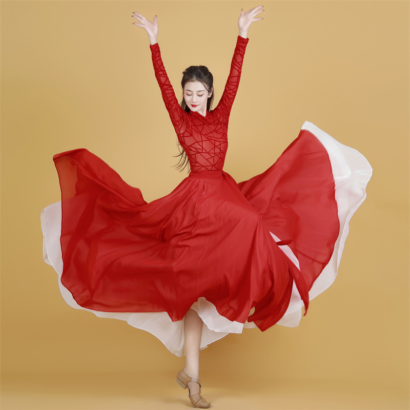 我爱你中国舞蹈服古典舞飘逸红色大摆裙卜卦运动会如愿光亮表演服