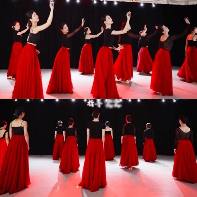 渡红尘舞蹈半身裙万疆演出服新疆舞练习裙子720度双层大摆裙飘逸