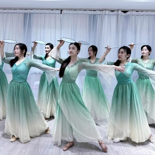 采莲舞蹈服装绿罗裙雨涧春行图演出服中国舞入莲间声韵纱衣表演服