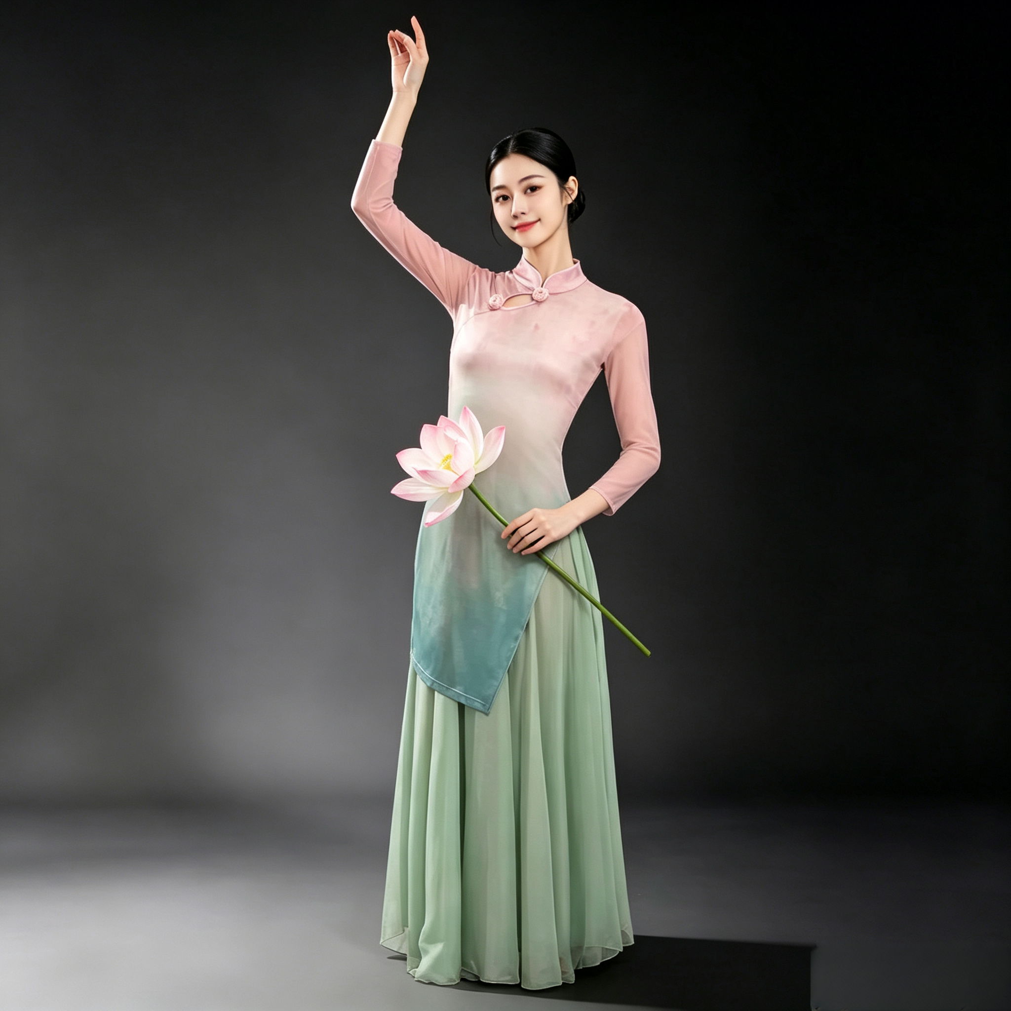 盈盈芙蓉语舞蹈服粉色渐变旗袍套装苏州慢蒹霞演出服古典舞练功服