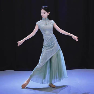 青花瓷舞蹈服装 冰丝弹力旗袍中国风苏州慢念琵琶大摆裙两件套 大码