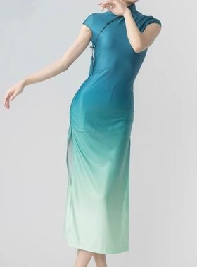 超大码古典舞旗袍青花瓷舞蹈旗袍裙高弹力入画江南声声慢表演服女