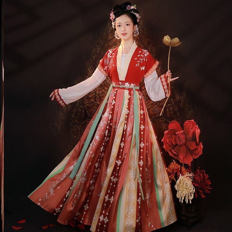 上铃鼓舞蹈服装唐制褙子半袖齐腰汉服女褶裙高出初中生演出服长袖