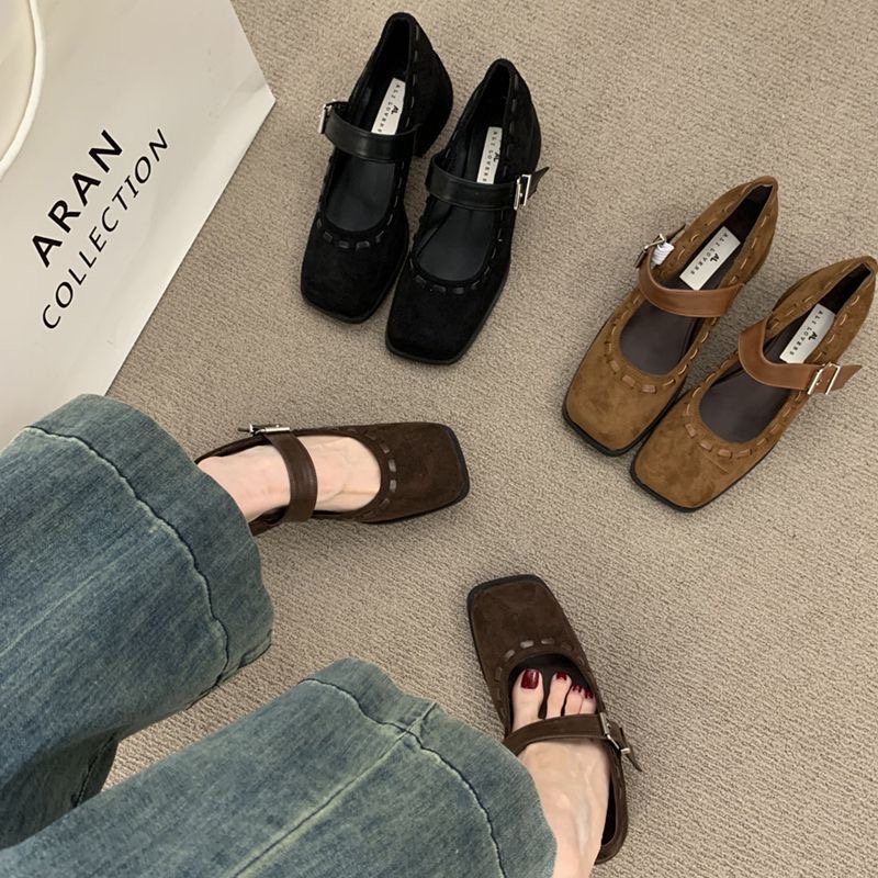 粗跟高跟小众绒面浅棕单鞋女鞋子2025秋季高级配裙子玛丽珍晚晚鞋