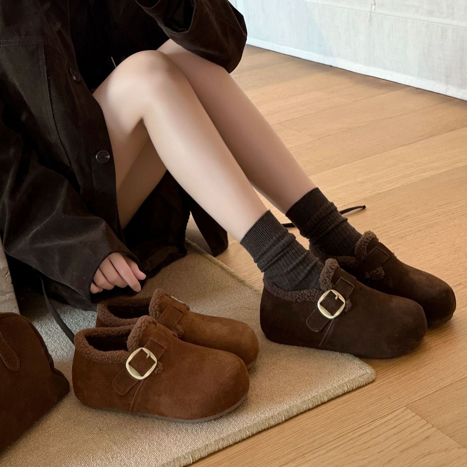 羊毛厚底勃肯鞋女款2025新款冬季加绒保暖棉鞋外穿增高全包毛毛鞋