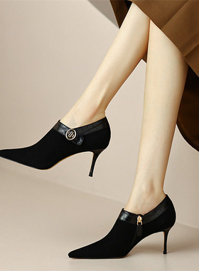 灰色时尚百搭尖头细跟踝靴子女2024春秋法式羊皮7cm高跟深口单鞋