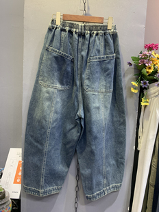 素2025春秋季 垮裤 新款 大版 做旧色复古松紧腰纯棉牛仔女老爹裤 新元
