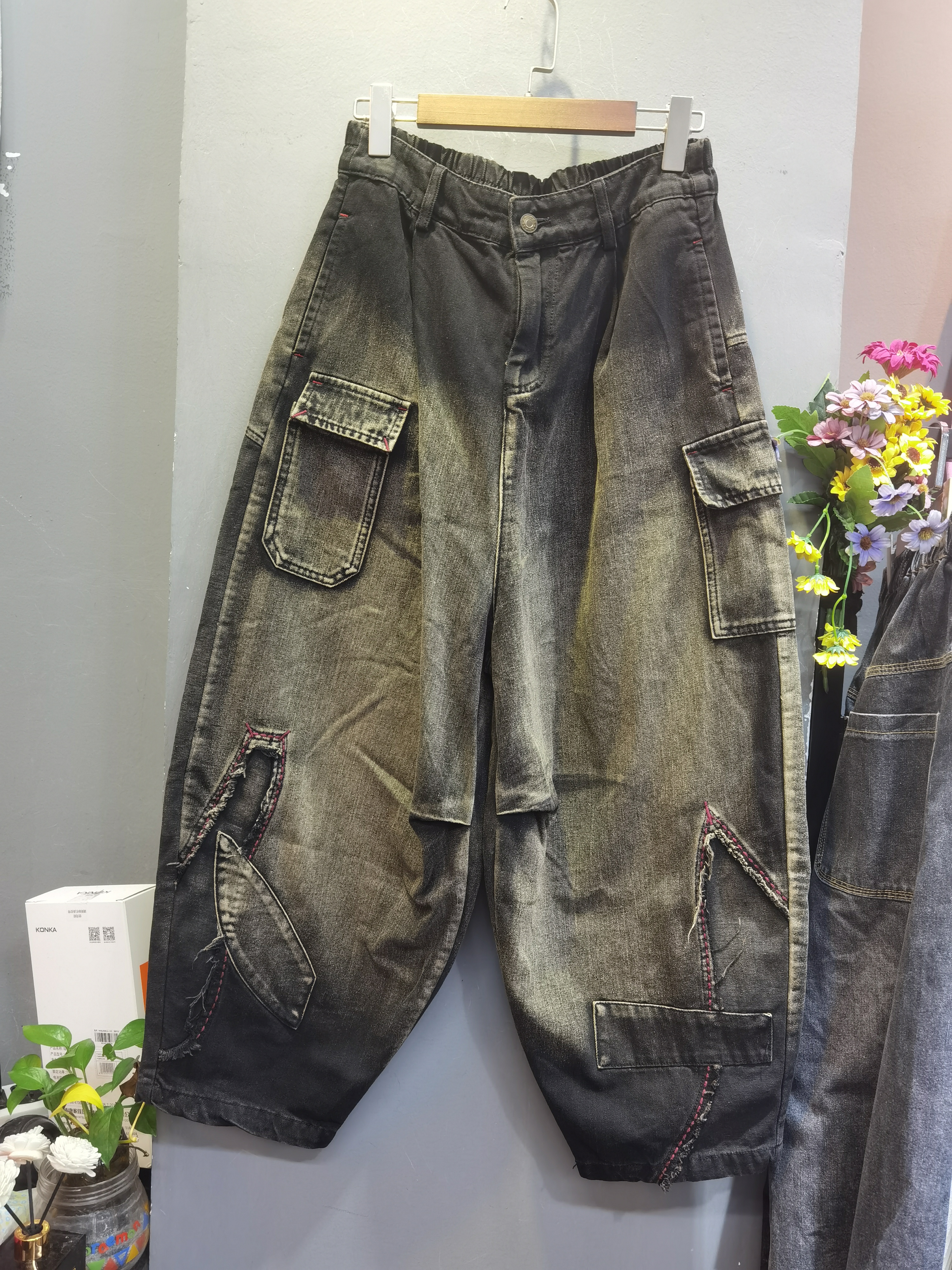 复古港风ins潮街头风秋季新品拼接口袋百搭休闲牛仔裤哈裤垮裆裤