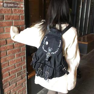 y2k千禧辣妹包双肩包多口袋格纹爱心书包中古风个性大容量背包女