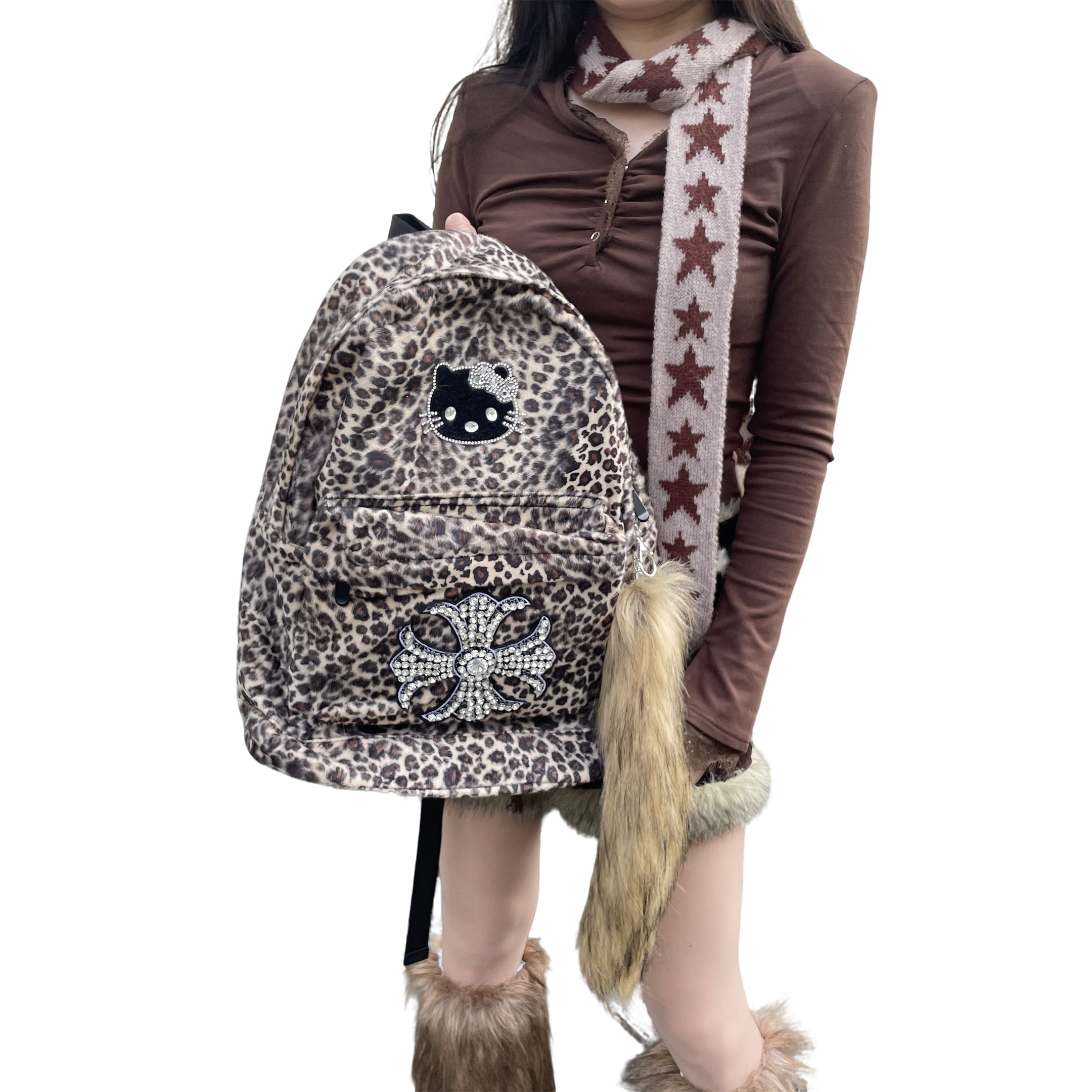 ZRVR原创小众双肩包辣妹豹纹Y2K大容量书包女上课通勤千禧风背包