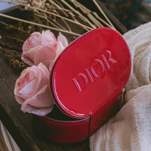 Dior迪奥红色漆皮化妆包 便携手提包亮面收纳包