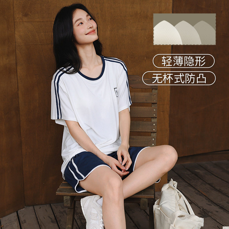 2026新款莫代尔运动风带胸垫睡衣女夏季短袖短裤可外穿休闲家居服