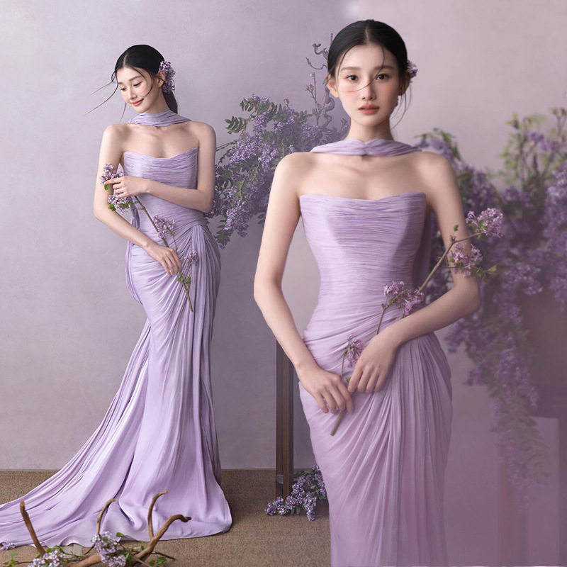 影楼新款紫色彩纱礼服喜嫁风婚纱摄影工作室新中式女拍照红色礼服