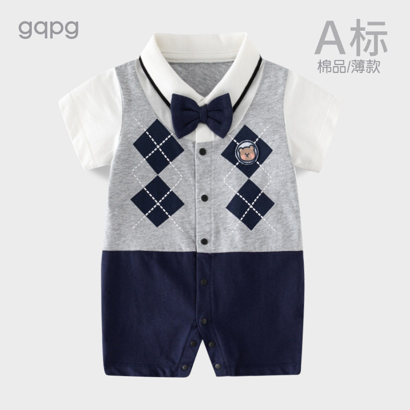 婴儿夏装男宝宝满月服百天周岁衣服薄款百日宴一岁纯棉绅士连体衣图片