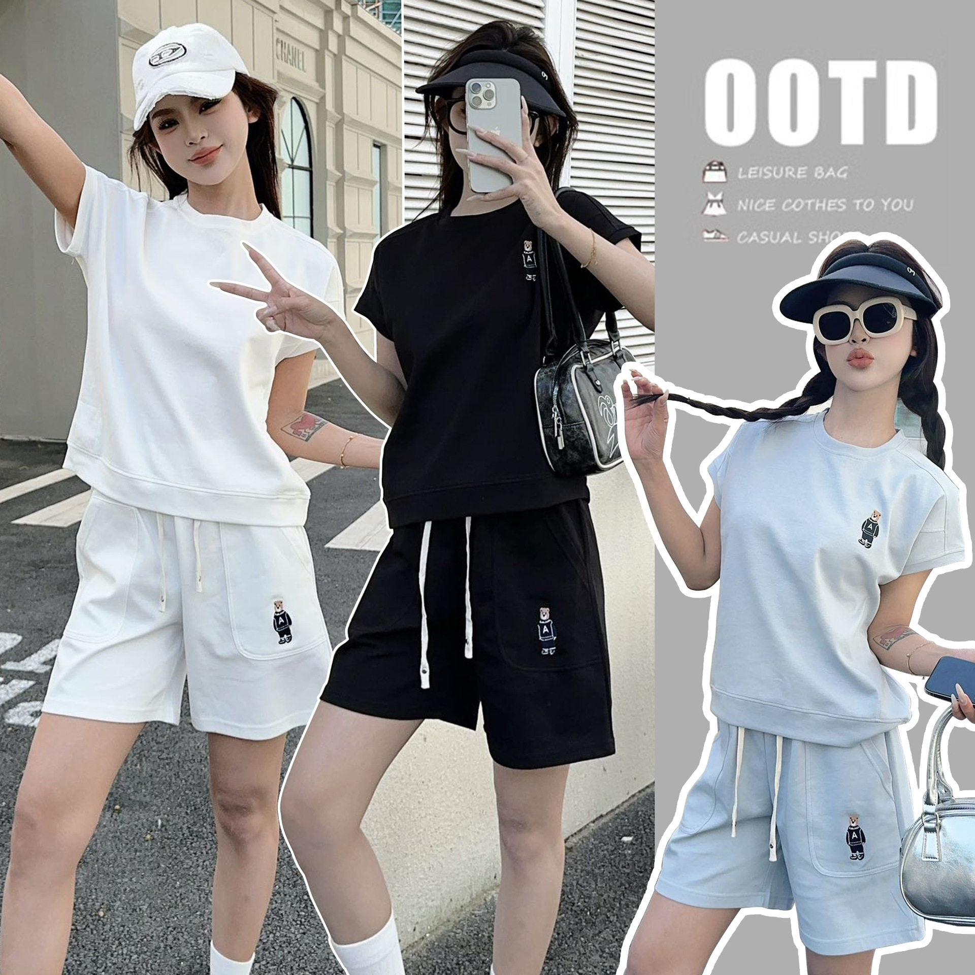 夏季短袖运动卫衣套装女薄款刺绣小熊短裤宽松韩版休闲t恤两件套