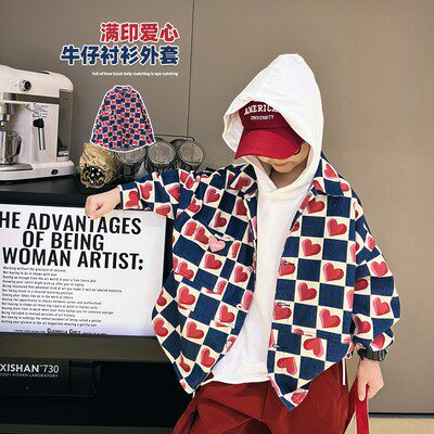 韩国代购儿童爱心牛仔衬衫外套男普通外套