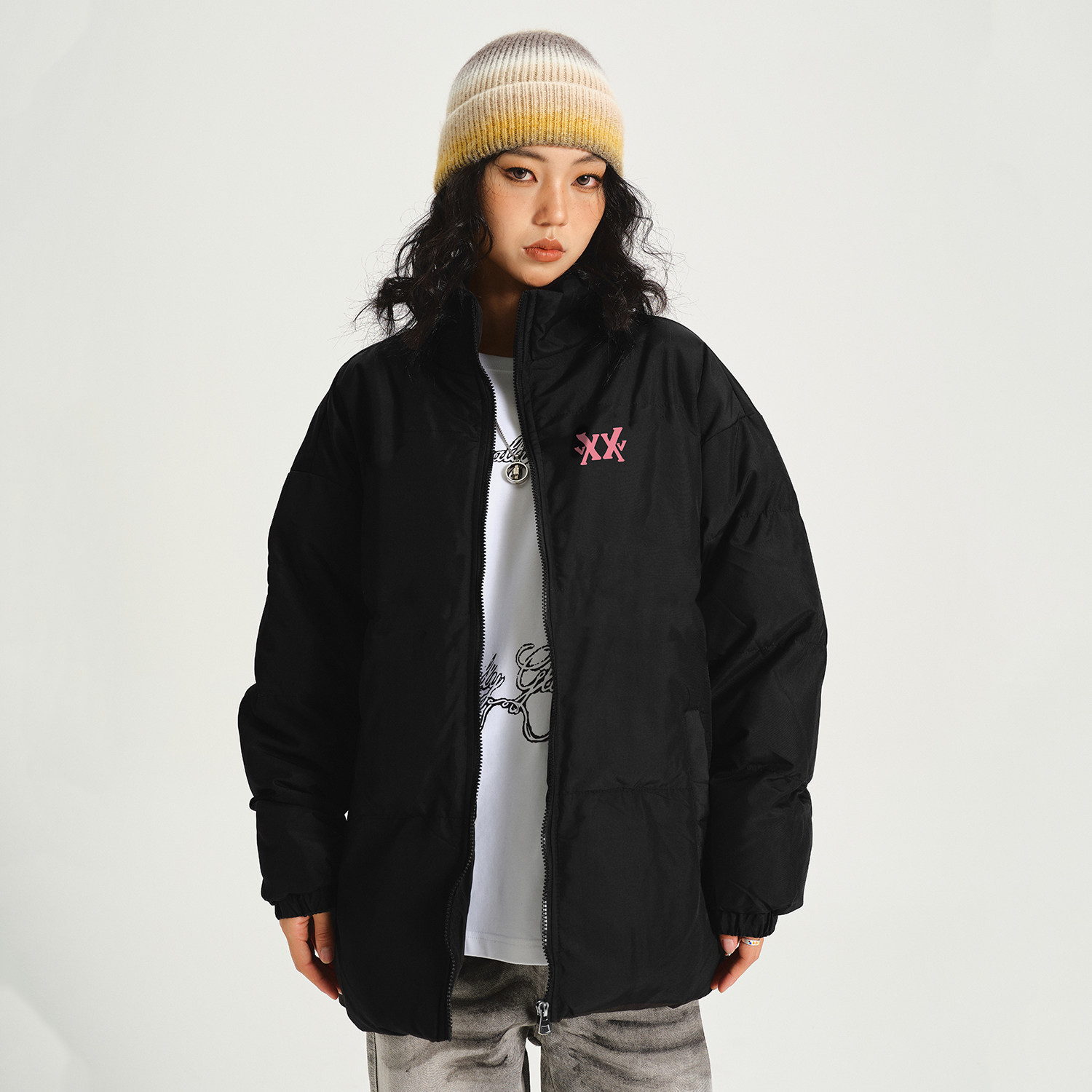 VXOXV美式潮流字母印花休闲面包服男女潮牌保暖宽松立领棉服外套