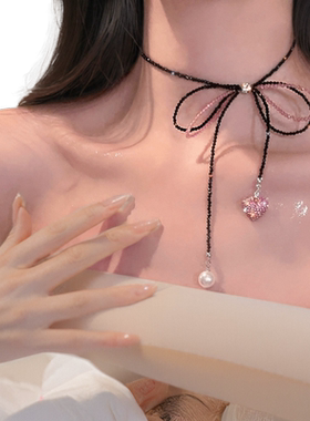 甜酷辣妹系带蝴蝶结爱心项链夏日珍珠锁骨链轻奢小众女choker颈链