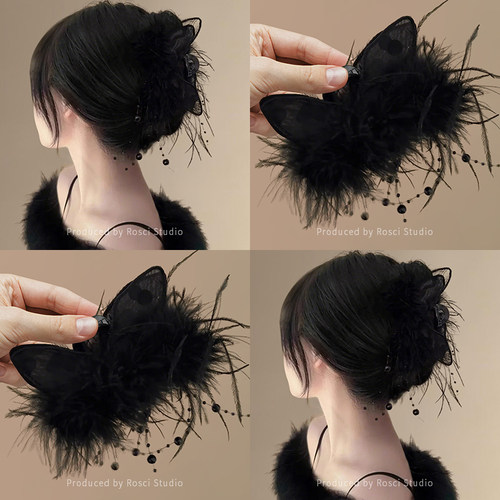 精灵猫耳朵羽毛流苏抓夹女2025新款高端发夹大号发量多秋冬鲨鱼夹