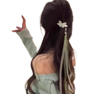 绿色小清新蝴蝶飘带编发发夹头饰新款古风超仙流苏鸭嘴夹侧边边夹