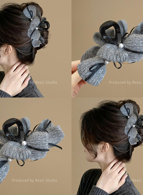 灰色毛绒蝴蝶结抓夹女高级感2026新款珍珠鲨鱼夹秋冬后脑勺发夹子