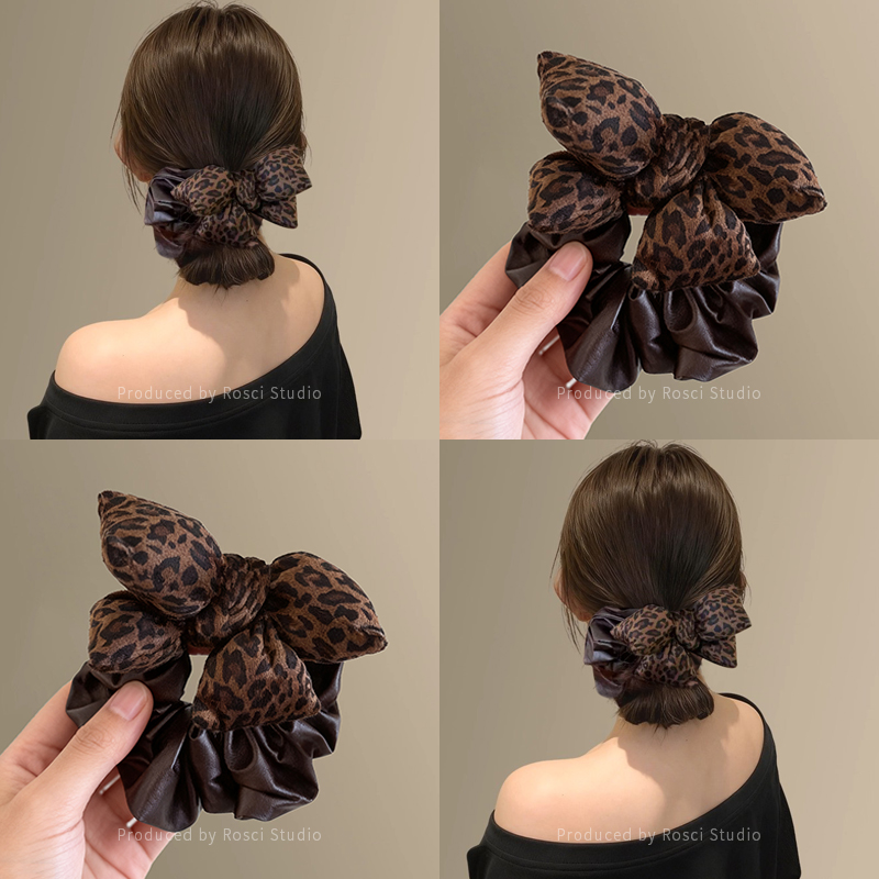 早秋慵懒风豹纹蝴蝶结大肠发圈女高级感丸子头绳发饰2025新款头圈