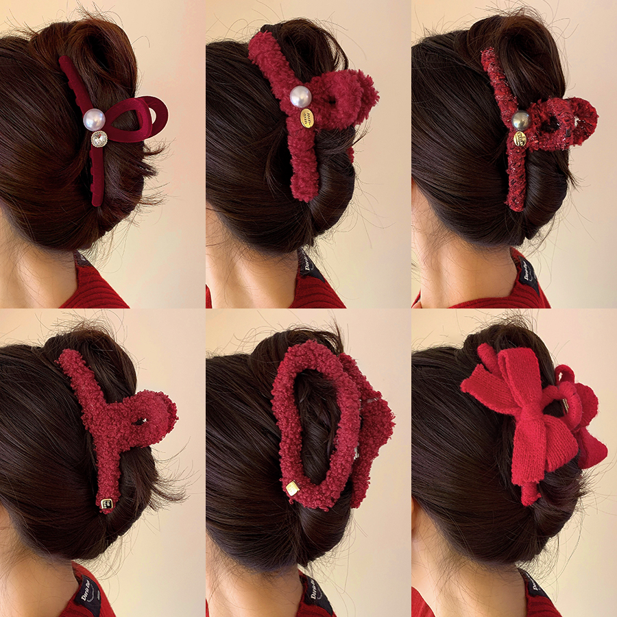 新年红色毛绒抓夹女秋冬后脑勺高级感鲨鱼夹气质盘发发夹头饰夹子