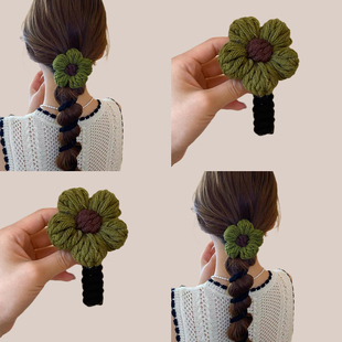 绿色毛线花朵电话线发圈高级感泡泡辫头饰韩系毛绒橡皮筋编发神器