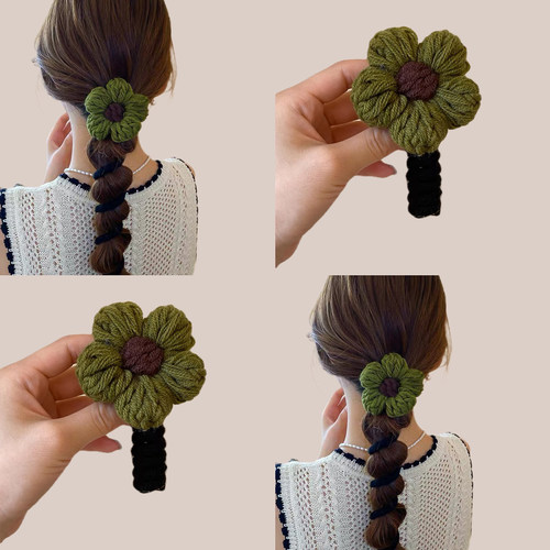 绿色毛线花朵电话线发圈高级感泡泡辫头饰韩系毛绒橡皮筋编发神器