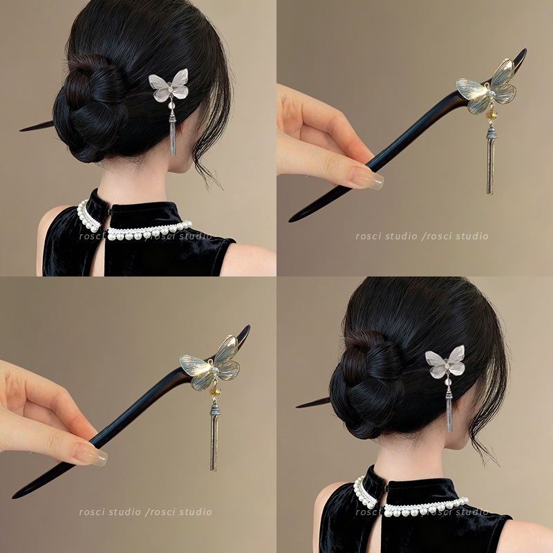 新中式流苏发簪女银丝蝴蝶步摇高级感古风汉服木簪子国风发钗头饰