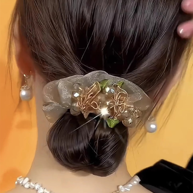 欧根纱水钻大肠发圈高弹力发绳扎头发橡皮筋耐用不伤发低马尾发饰