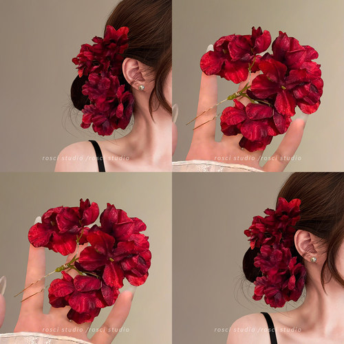 超仙氛围感玫瑰花朵发簪女汉服配饰红色发钗头花头饰发饰2025新款
