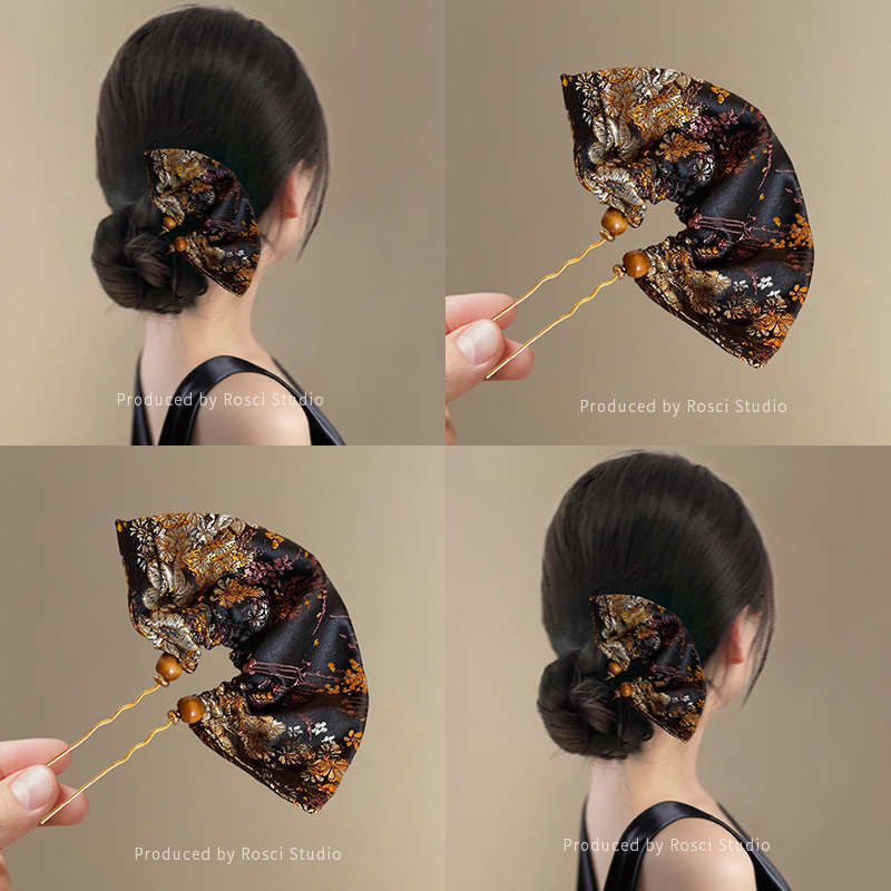 新中式扇子刺绣簪子女国风U型步摇发钗复古风高级感旗袍发簪头饰