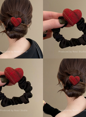 秋冬红色复古格纹爱心小肠发圈女高级感2026新款丸子头皮筋扎发绳