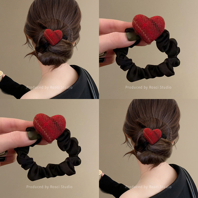 秋冬红色复古格纹爱心小肠发圈女高级感2026新款丸子头皮筋扎发绳