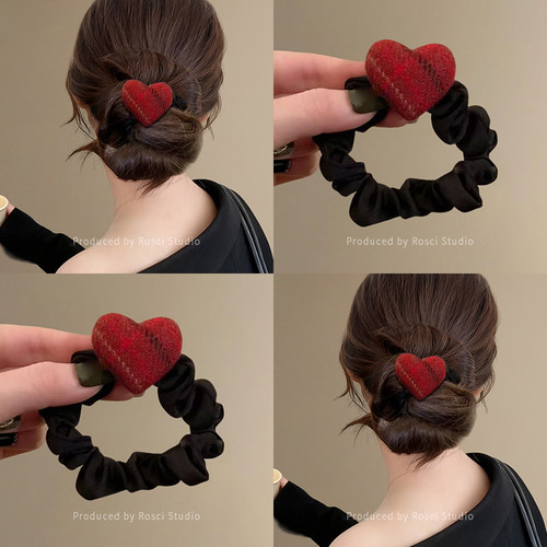 秋冬红色复古格纹爱心小肠发圈女高级感2025新款丸子头皮筋扎发绳