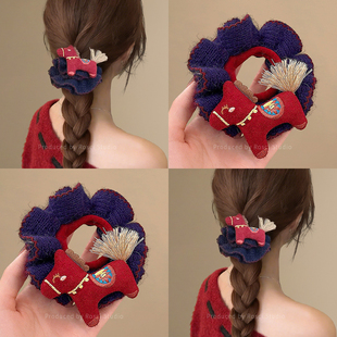 新年红色小马毛绒大肠发圈女2026新款马尾高弹力耐用皮筋针织发绳