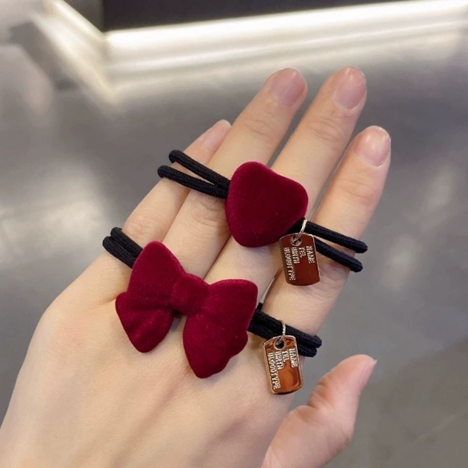 新年红色植绒蝴蝶结头绳