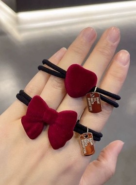 红色植绒头绳秋冬高颜值蝴蝶结马尾发绳简约高弹力耐用发圈皮套女