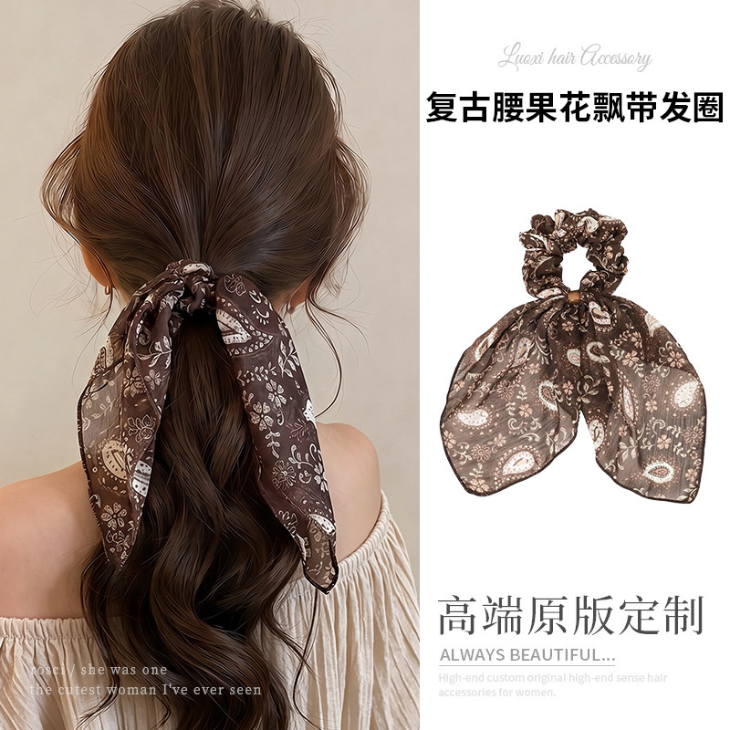 复古腰果碎花飘带大肠发圈女2026新款巨好看的低马尾扎发头绳发饰图片