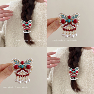 新年国风醒狮发夹珍珠侧边边夹流苏鸭嘴夹汉服发饰高级感发卡夹子