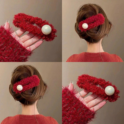 红色羊羔毛鸭嘴夹秋冬珍珠盘发顶夹一字发夹韩系高级感侧边刘海夹