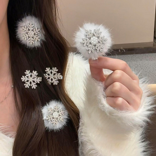 秋冬雪花新年发夹女毛绒侧边夹鸭嘴夹氛围感刘海发卡头饰2025新款