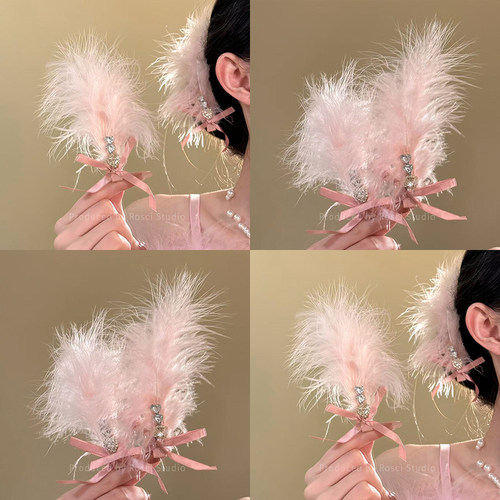 超仙蝴蝶结水钻羽毛发夹女高级感新款刘海侧边夹后脑勺发饰鸭嘴夹