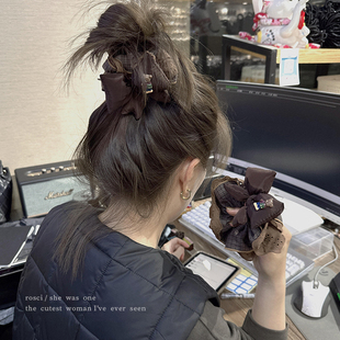 美拉德咖色蝴蝶结格子蕾丝大肠发圈女高级感洋气时尚丸子头绳发饰