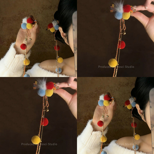 新中式民族风彩色毛球流苏发夹女款高级氛围感秋冬汉服配饰鸭嘴夹