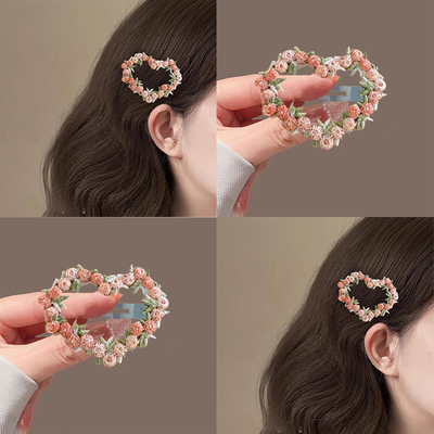 春夏氛围感爱心发夹边夹侧边粉色刺绣花朵水滴bb夹刘海夹抓夹发饰