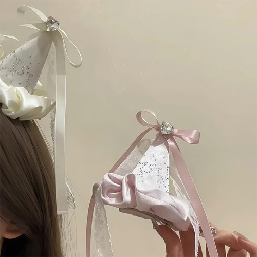 甜美氛围感少女蕾丝蝴蝶结生日帽发夹侧边夹拍照出片装饰道具头饰