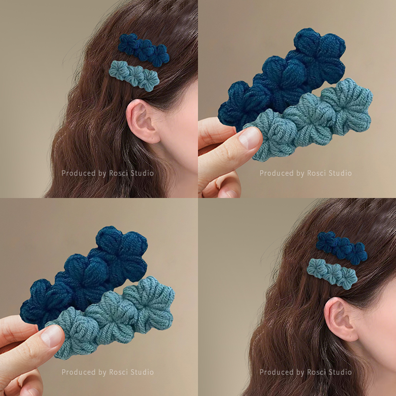 蓝色小香风毛线花朵发夹女甜美针织发卡韩系发饰刘海侧边鸭嘴夹子