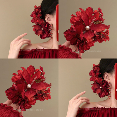 新中式红色蝴蝶珍珠花朵发夹女新年喜庆头饰结婚发饰新娘头花发卡